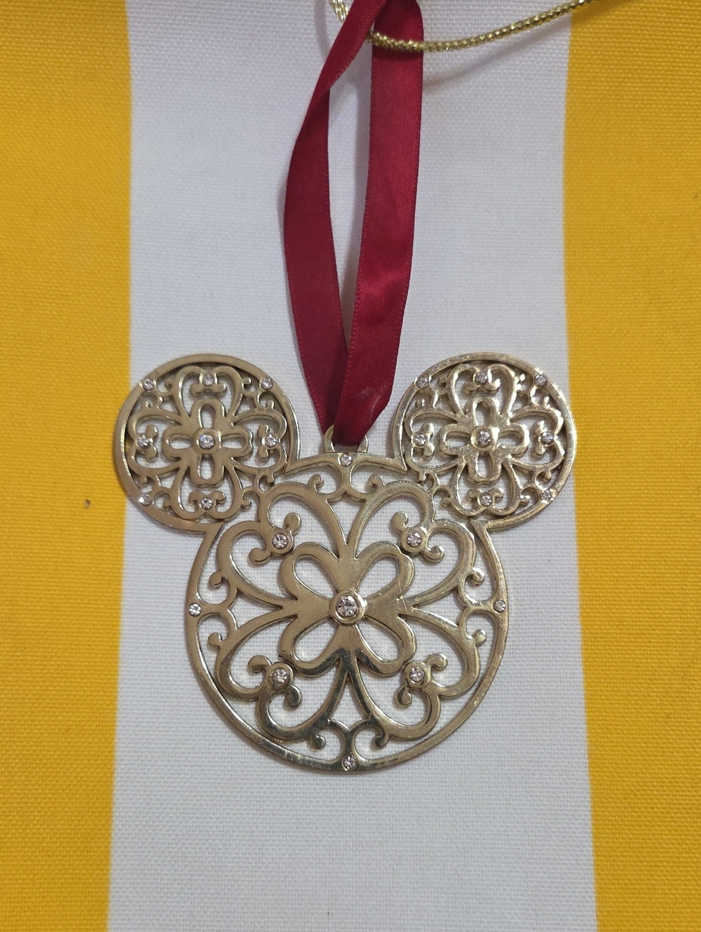RARE Disney Gold Filigree Mouse Ornament with Red Ribbon